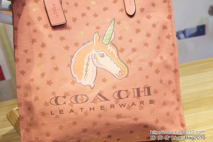 COACH蔻馳 新款 26971粉色 獨角獸帆布購物袋 輕便超大容量 時尚購物媽咪包  Chz1056